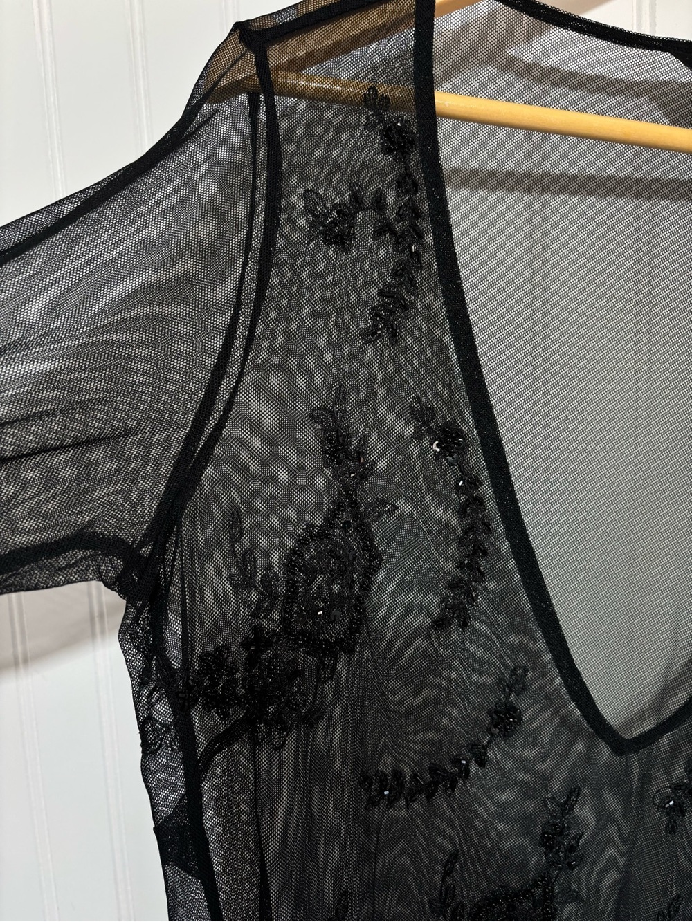 New York & Company Black Sheer Beaded Mesh Deep V-neck Top Whimsy Goth Y2K Large - Picture 3 of 11